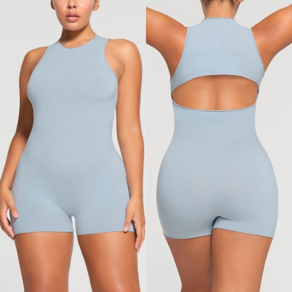 New SKIMS Raw Edge Cutout Open Back Romper Denim Blue Large L Rare Intimates